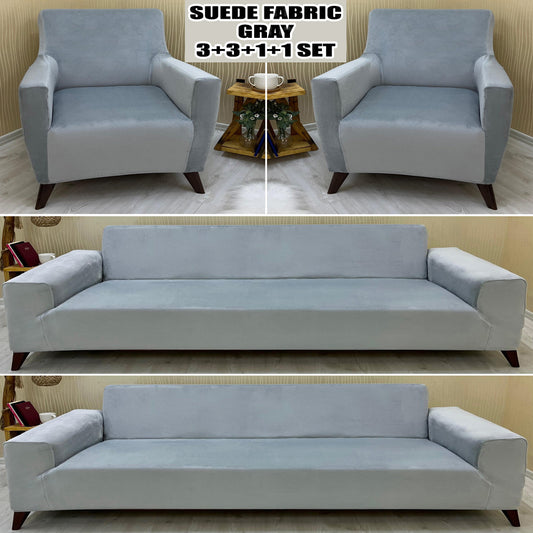 Our Suede Fabric Sofa Cover Gray Color 3+3+1+1