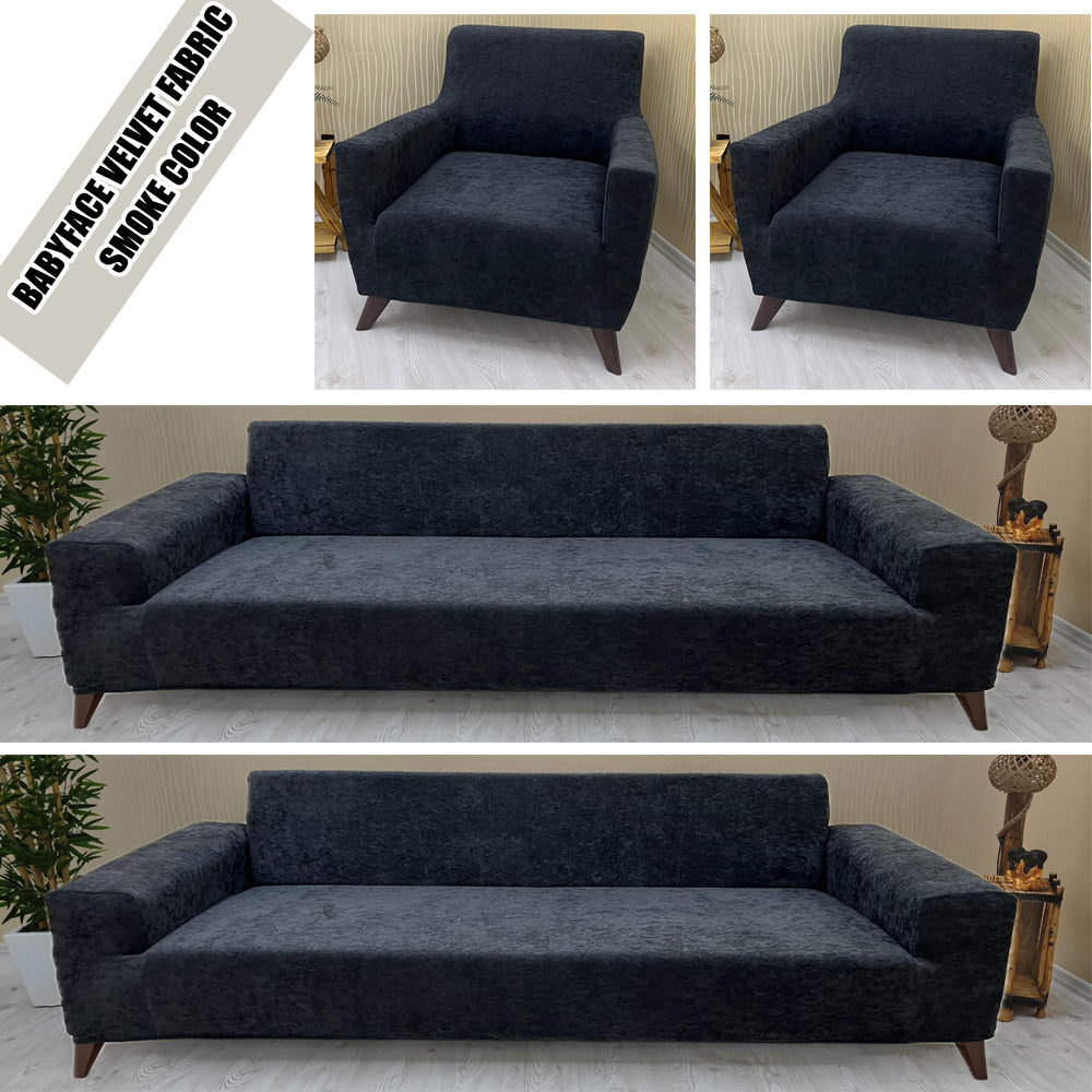 Our BabyFace Velvet Fabric Sofa Cover Smoke Color 3+3+1+1