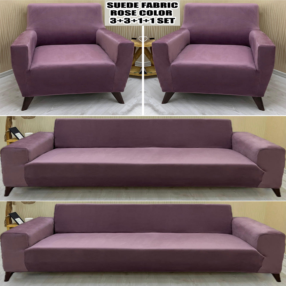 Our Suede Fabric Sofa Cover Rose Color 3+3+1+1