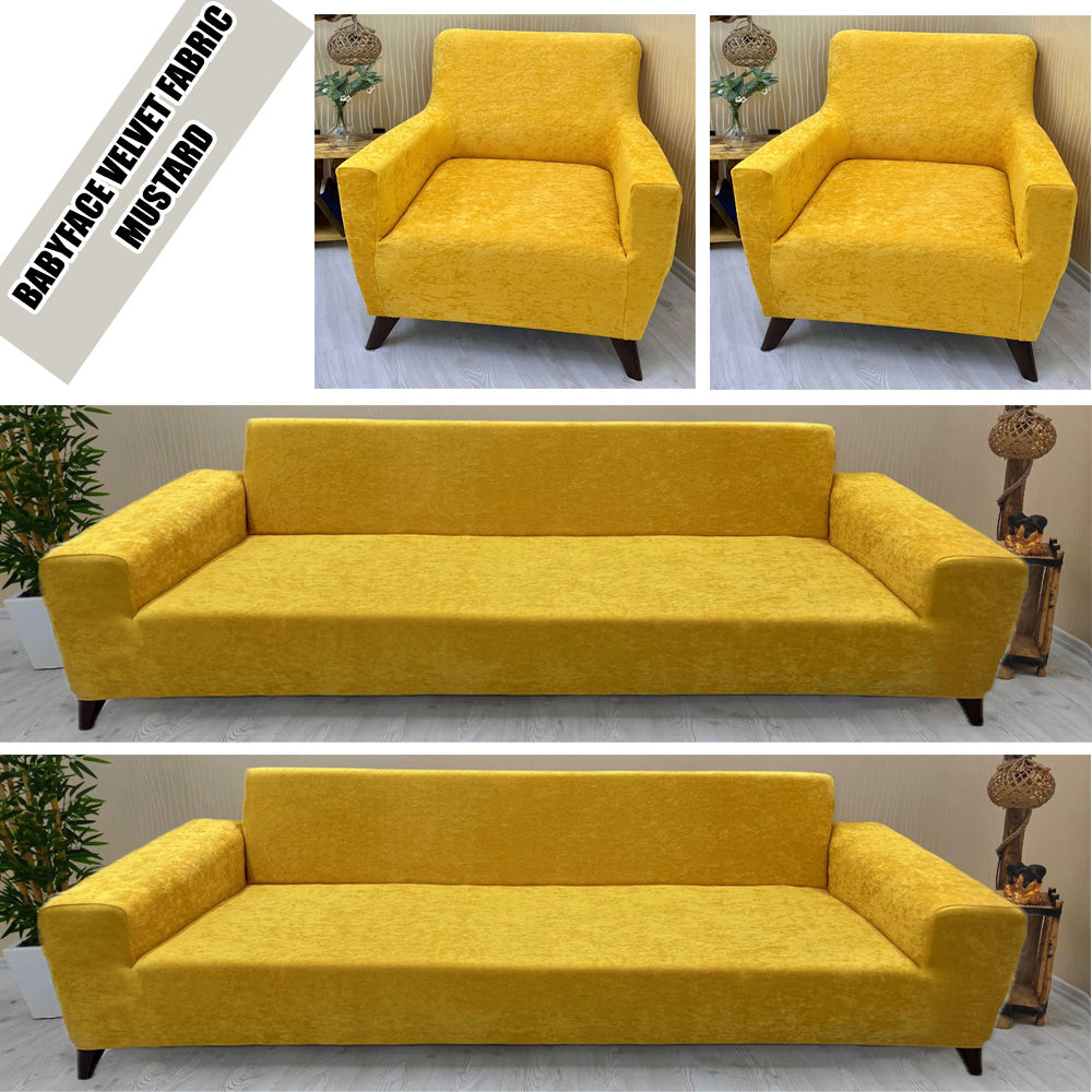 Our BabyFace Velvet Fabric Sofa Cover Mustard Color 3+3+1+1