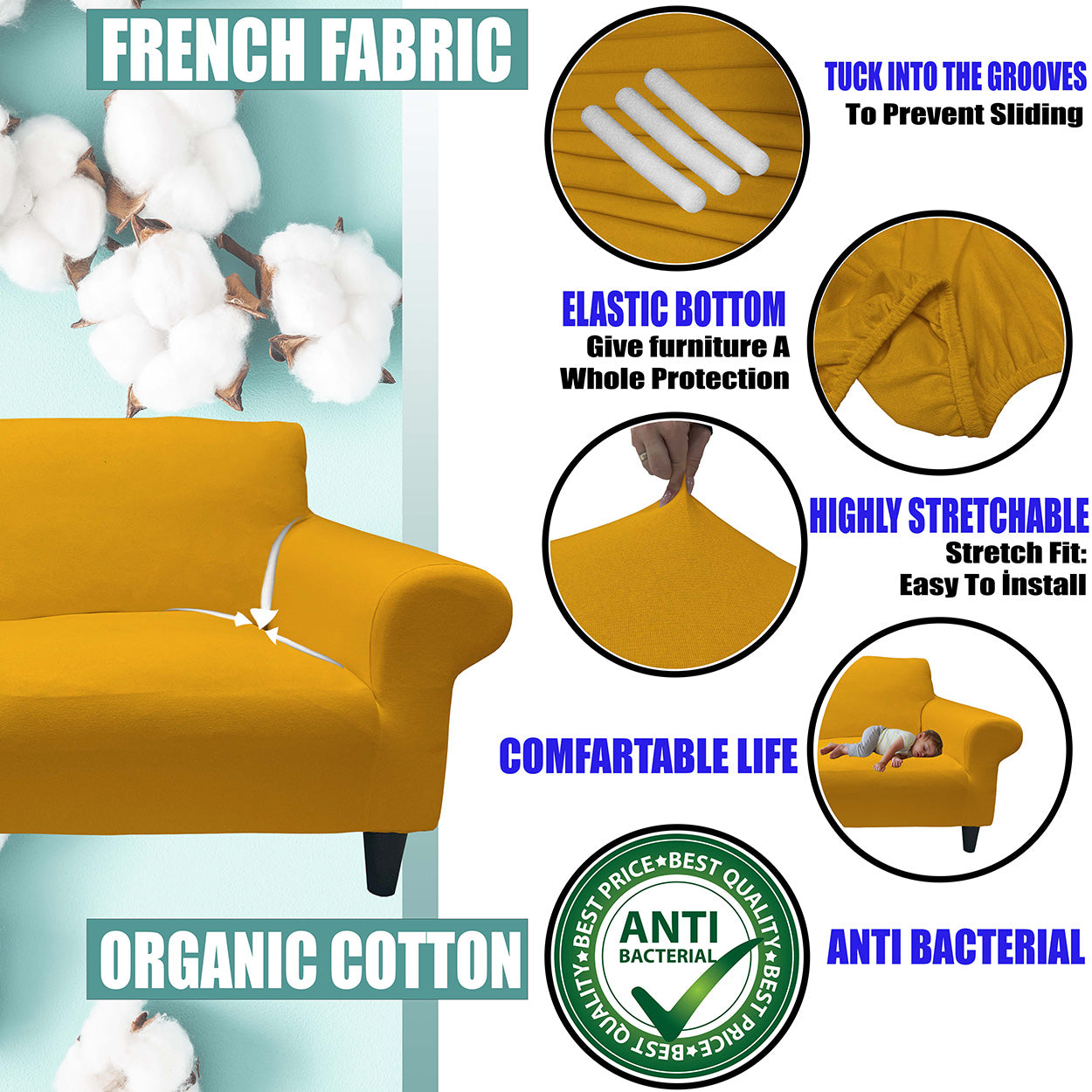 Our Cotton Fabric Loveseat Couch Cover Mustard Color