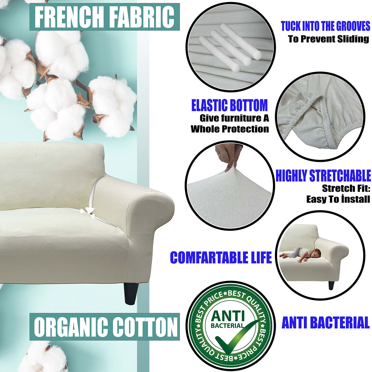 Our Cotton Fabric Sofa Cover Cream Color 3+2+1+1