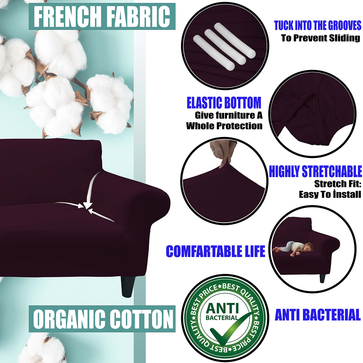 Our Cotton Fabric 1 Seater Armchair Couch Cover Plum Color