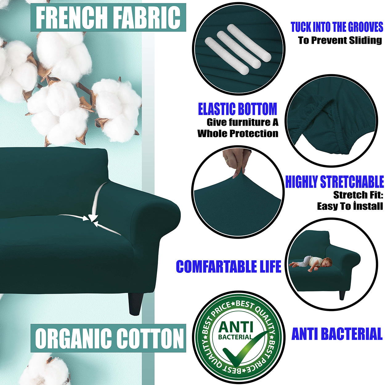 Our Cotton Fabric 1 Seater Armchair Couch Cover Dark Green Color