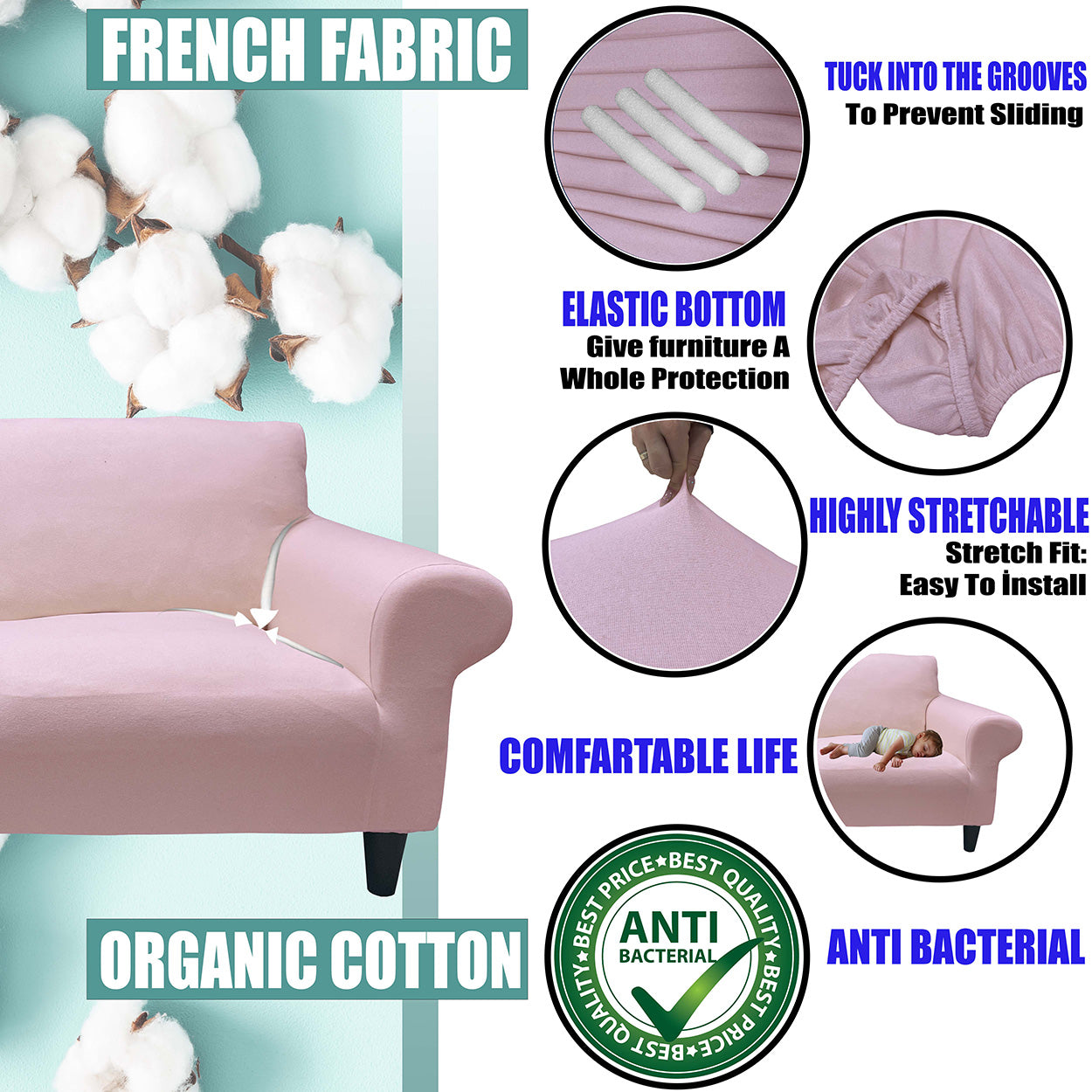 Our Cotton Fabric Sofa Cover Dust Pink Color 3+3+1+1