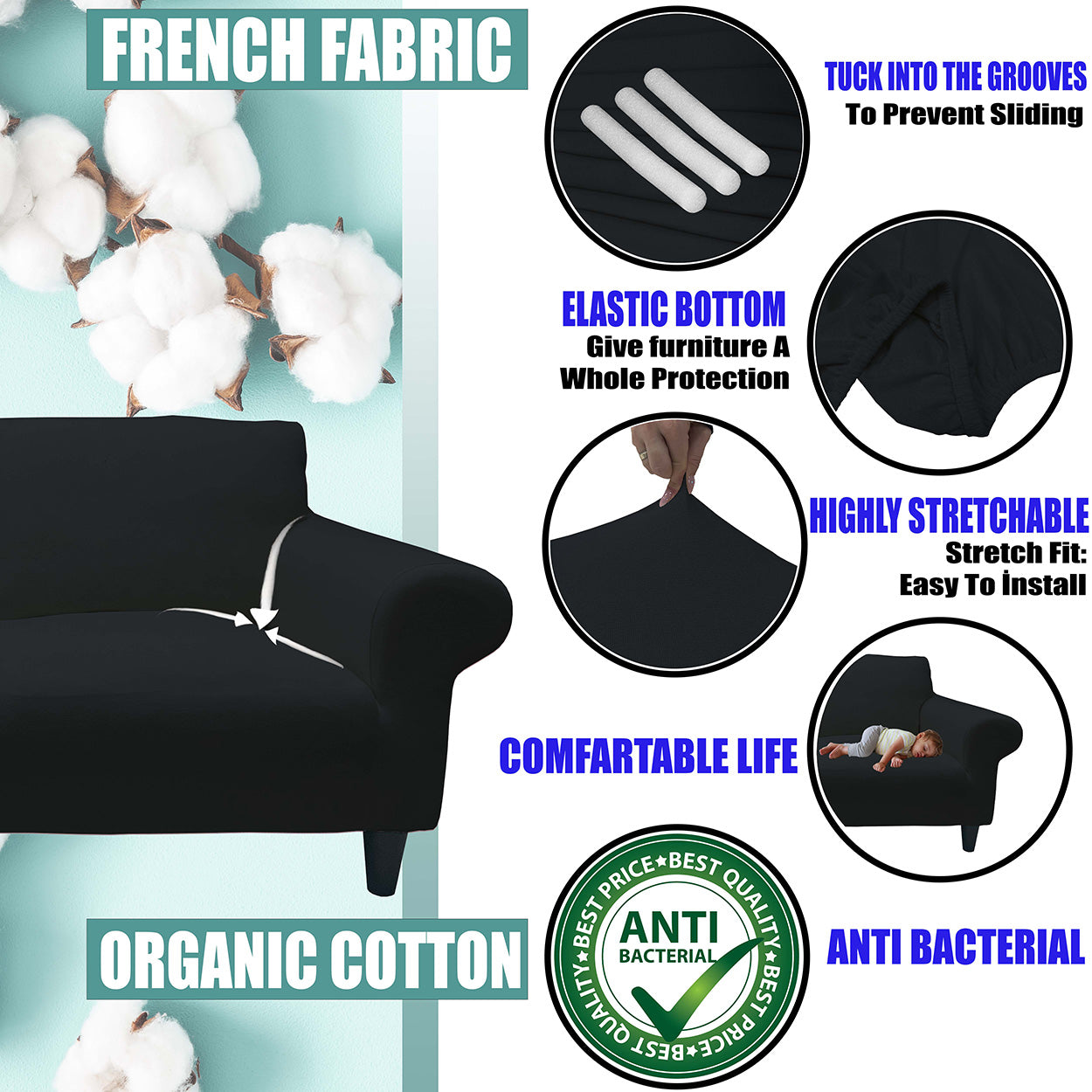 Our Cotton Fabric 1 Seater Armchair Couch Cover Black Color