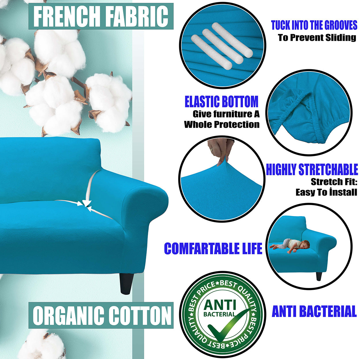 Our Cotton Fabric 1 Seater Armchair Couch Cover Turquoise Color