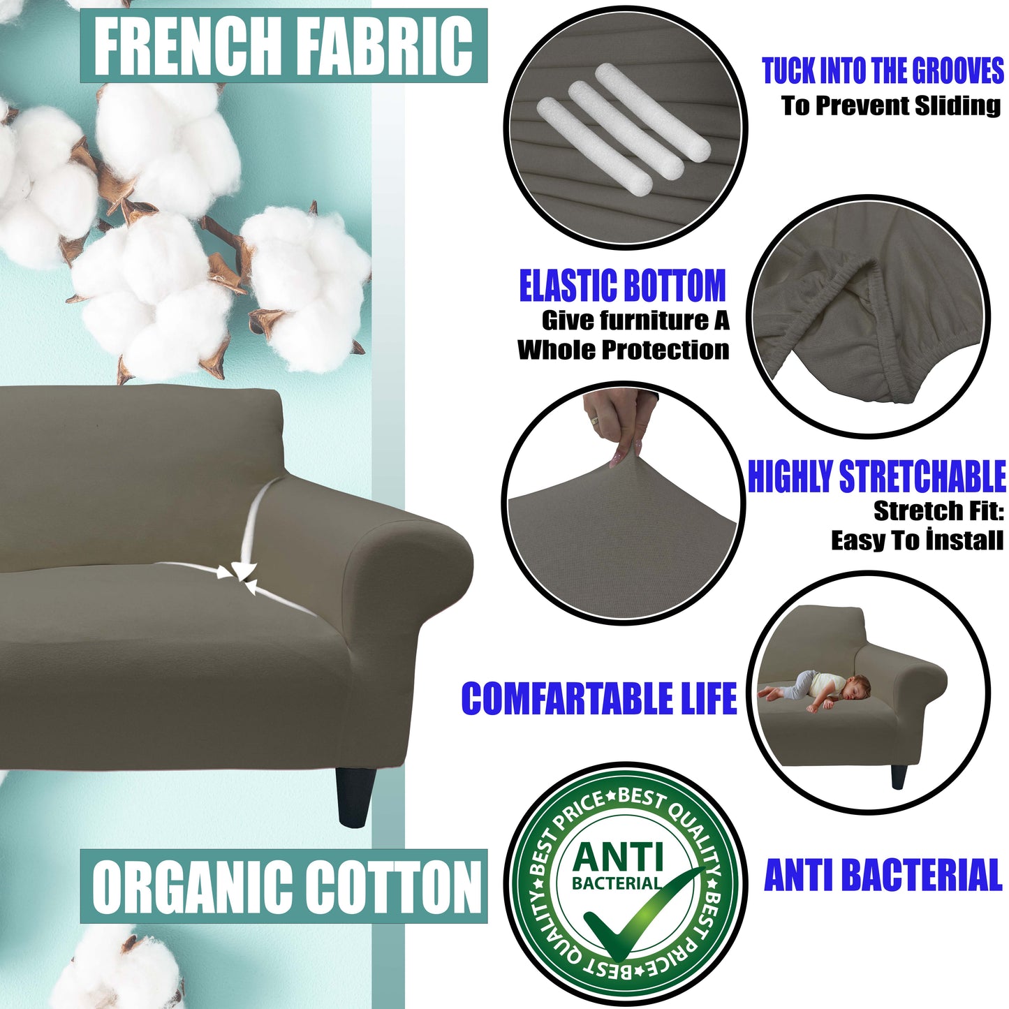 Our Cotton Fabric 1 Seater Armchair Couch Cover Mink Color