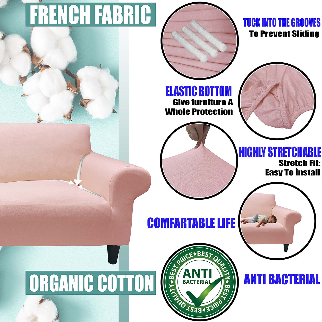 Our Cotton Fabric Sofa Cover Dusty Light Pink Color 3+2+1+1