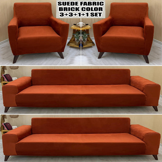 Our Suede Fabric Sofa Cover Brick Color 3+3+1+1