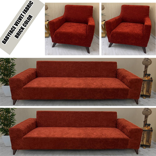 Our BabyFace Velvet Fabric Sofa Cover Brick Color 3+3+1+1