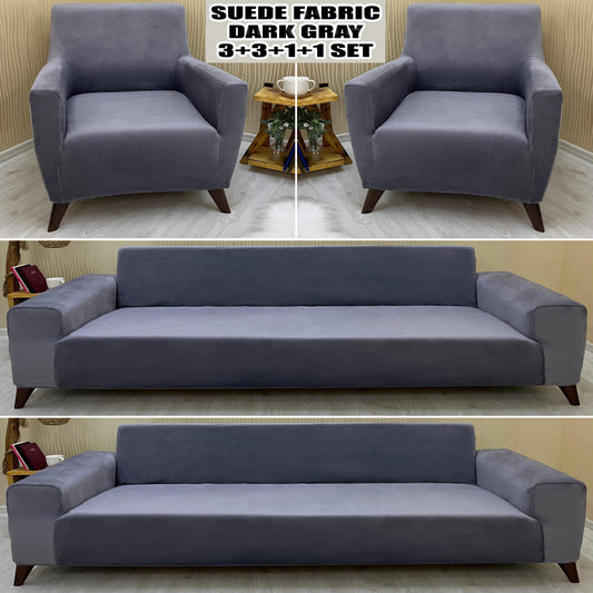 Our Suede Fabric Sofa Cover Dark Gray Color 3+3+1+1