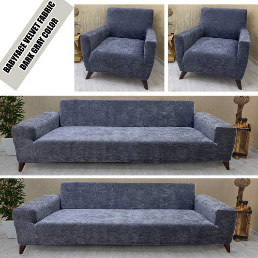 Our BabyFace Velvet Fabric Sofa Cover Dark Gray Color 3+3+1+1