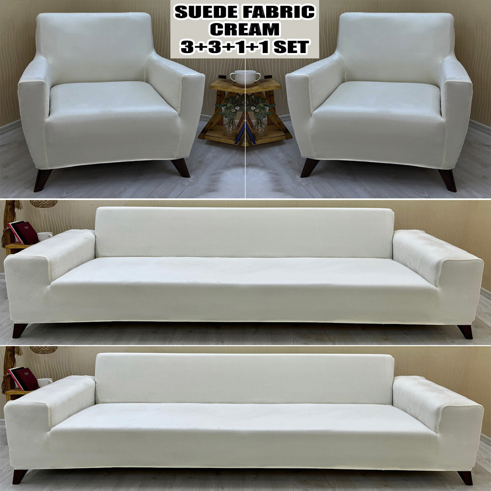 Our Suede Fabric Sofa Cover Cream Color 3+3+1+1