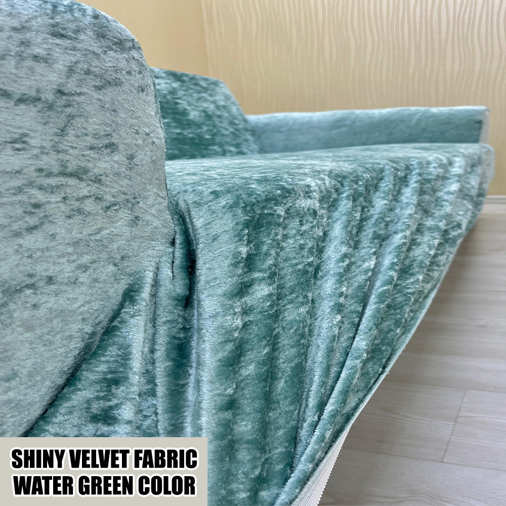 Our Shiny Velvet Fabric Sofa Cover Water Green Color