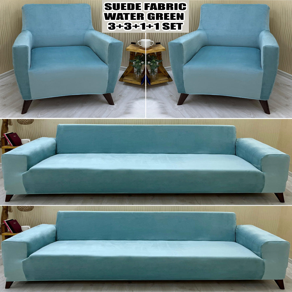 Our Suede Fabric Sofa Cover Water Green Color 3+3+1+1