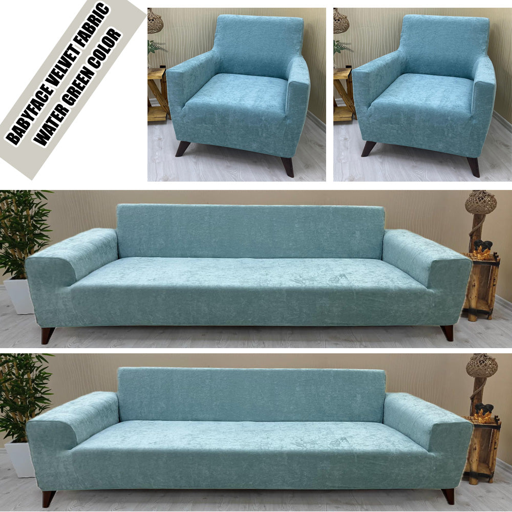 Our BabyFace Velvet Fabric Sofa Cover Water Green Color 3+3+1+1