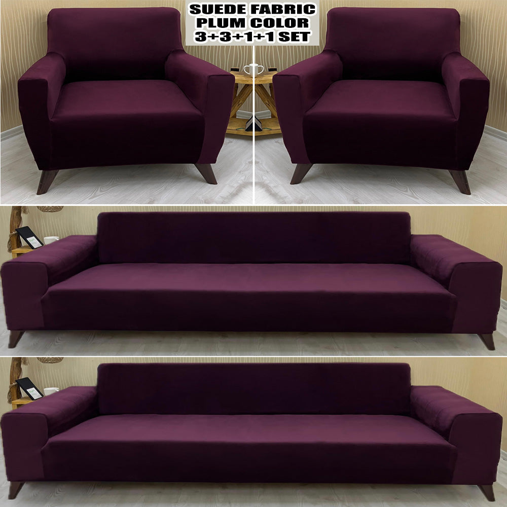 Our Suede Fabric Sofa Cover Plum Color 3+3+1+1