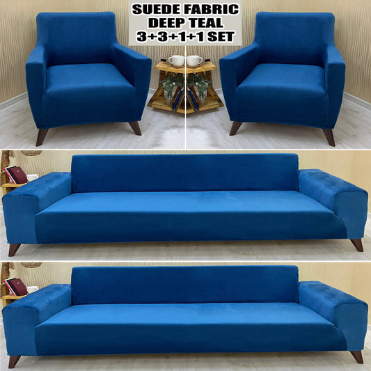 Our Suede Fabric Sofa Cover Deep Teal Color 3+3+1+1