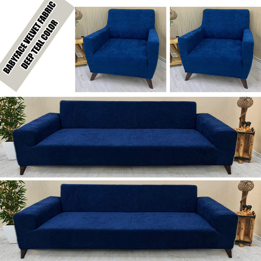 Our BabyFace Velvet Fabric Sofa Cover Deep Teal Color 3+3+1+1