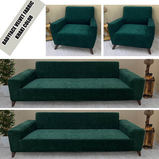 Our BabyFace Velvet Fabric Sofa Cover Dark Green Color 3+3+1+1